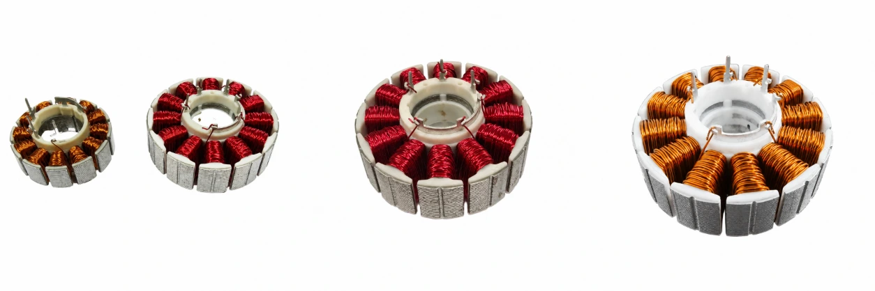 BLDC motor stator samples in different sizes and winding configurations