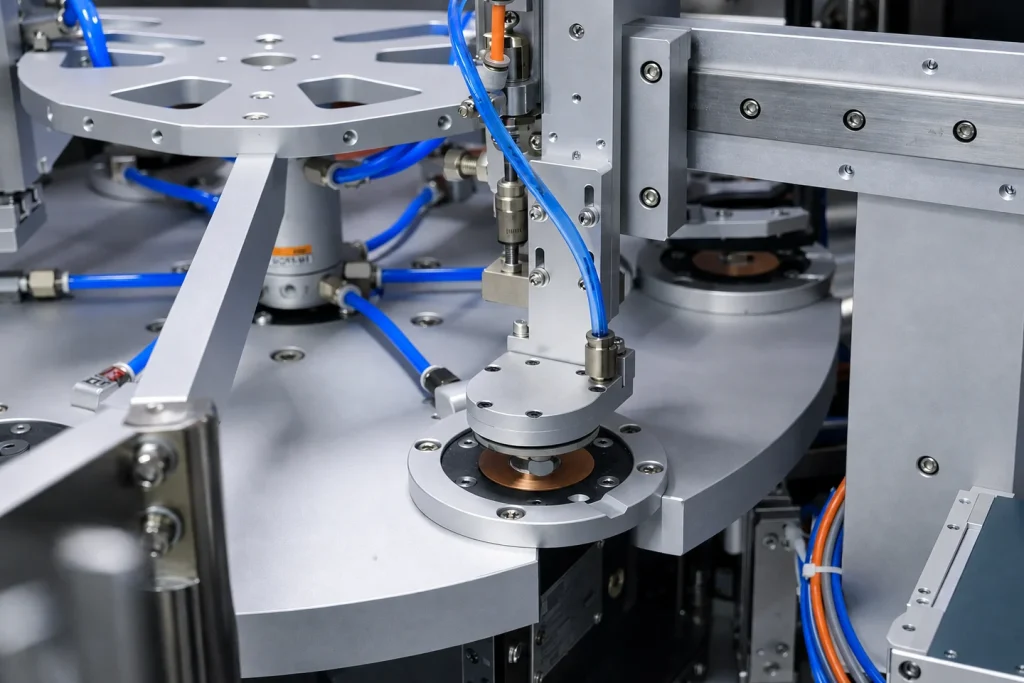 Close-up of a multi-station coil winding and soldering fixture