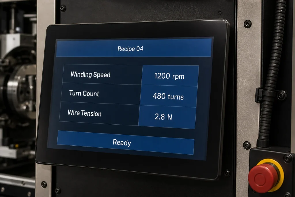 Illustrative industrial winding-machine HMI with speed, turn-count, and wire-tension settings