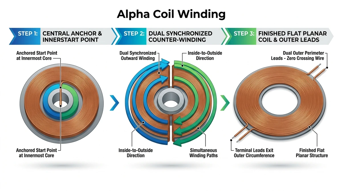 Schematic diagram of alpha winding methodology with both leads exiting from outer circumference