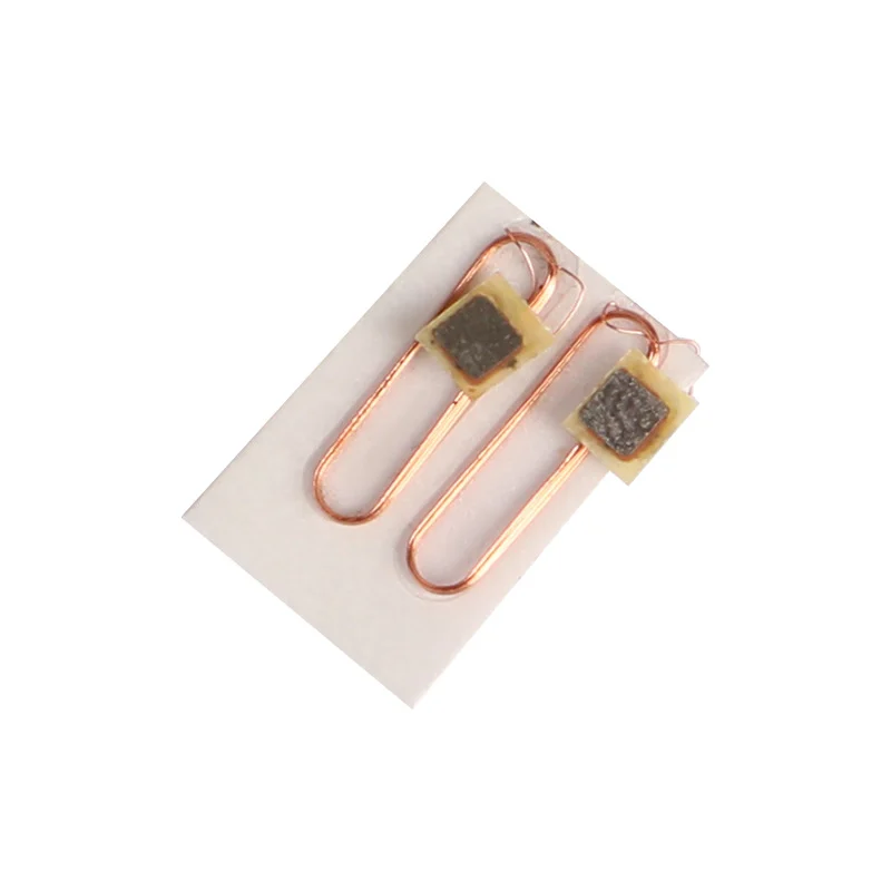 Rectangular flat custom sensing coil with two lead wires.