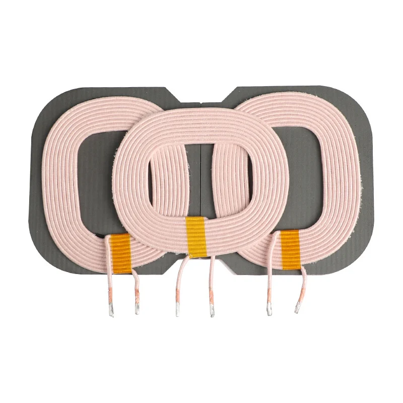 Three rectangular custom multi-strand wireless charging coil samples.